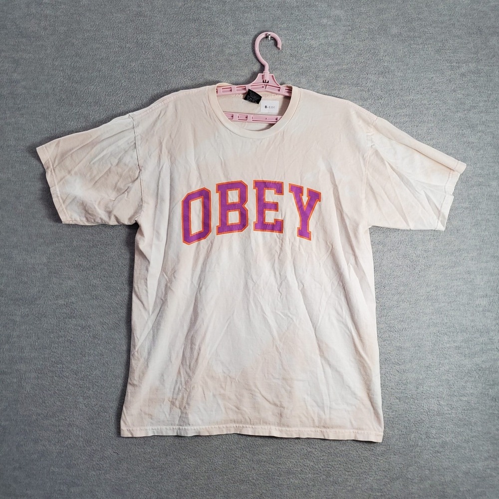 VINTAGE Obey Men Shirt Large Pink Y2K Logo Spellout Short Sleeve‎ Tee